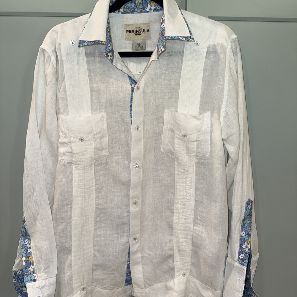 Peninsula Portofolio Men's Linen White Modern Guayabera Long Sleeve Shirt 40